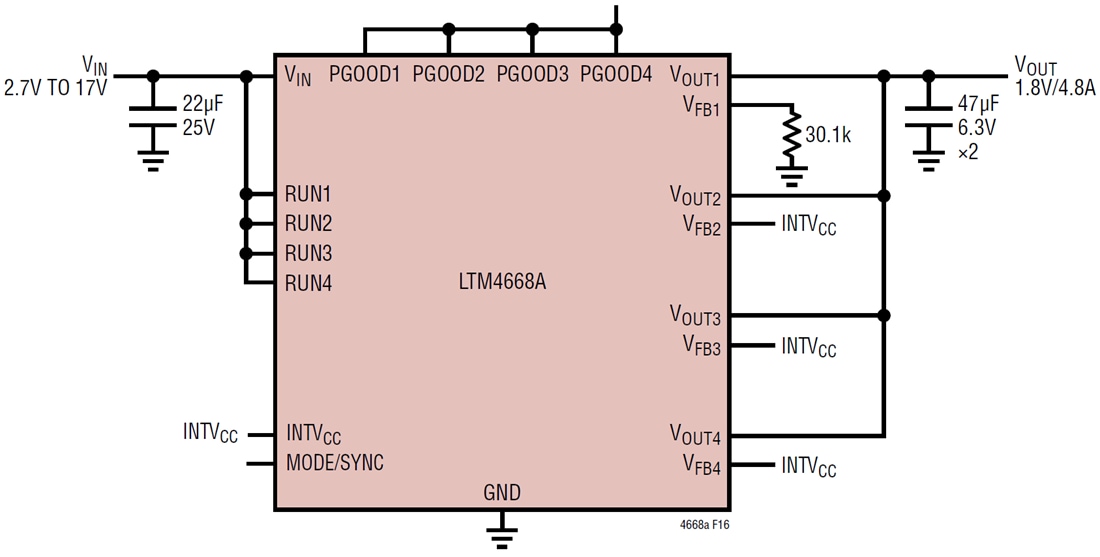 应用电路图 - Analog Devices Inc. LTM4668A/LTM4668四通道直流/直流µModule®稳压器